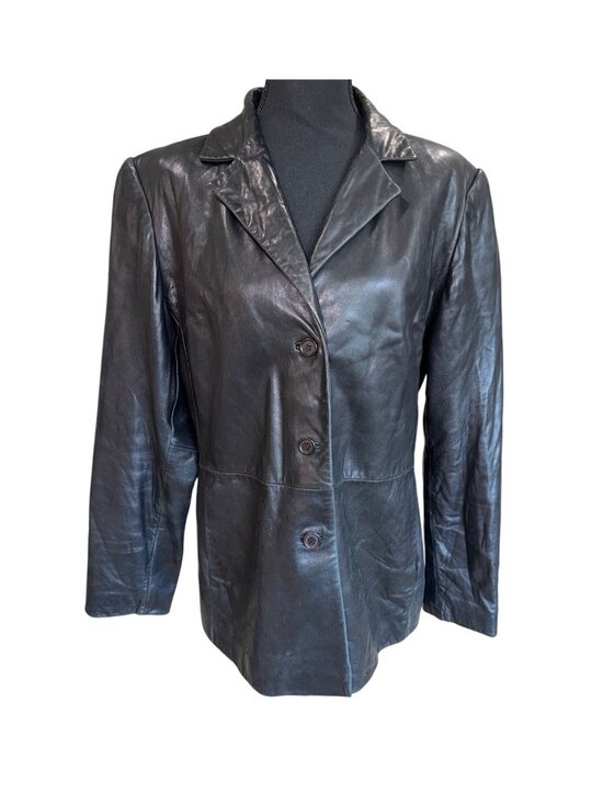 Jones New York Jackets & Blazers - Jones New York Womens M Black Genuine Leather Blazer Jacket Quiet Luxury 90s